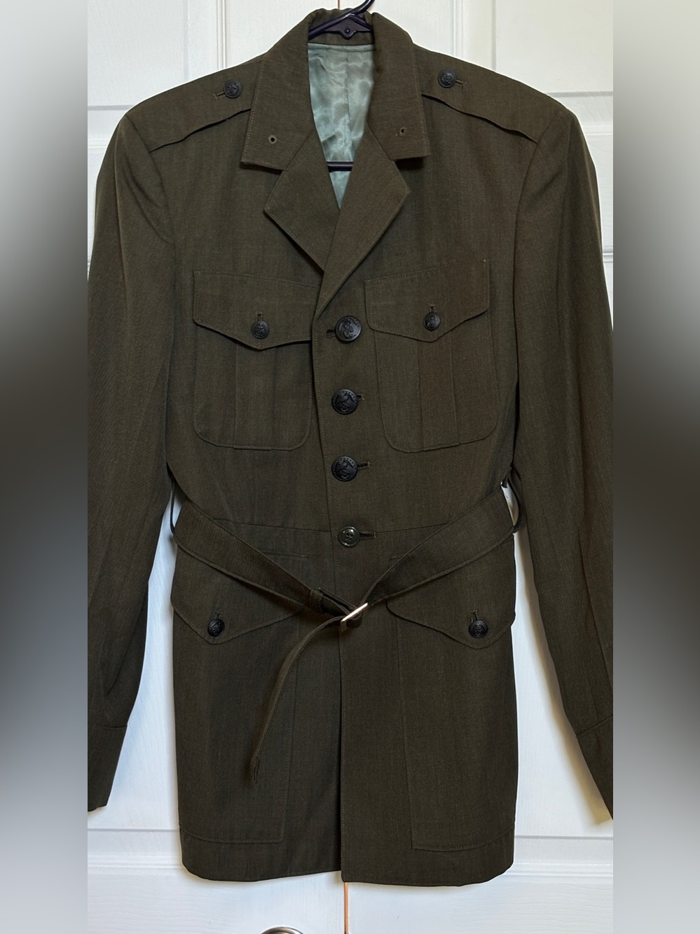 Vintage 1988 US Military Gabardine Green Service Coat Belted 37S Wool Blend